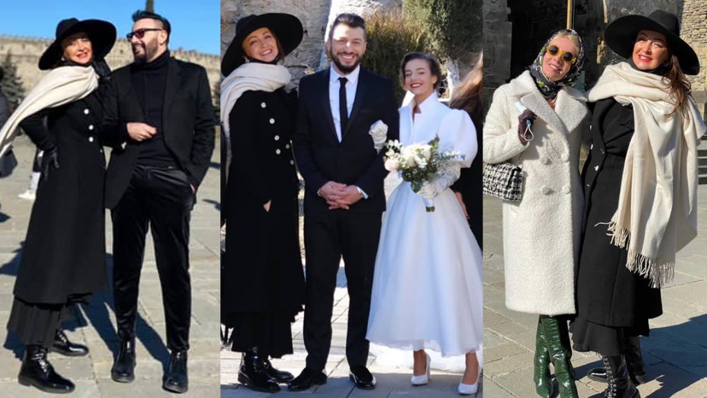 დალი ჩიტალაძის სრულიად შავი ანსამბლი თეთრი შარფით გიორგი გასვიანის ქორწილში